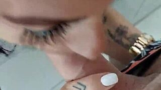 she gulps down cum after deepthroat blowjob, savoring every drop in mouth