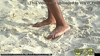 Giggles' bare feet sandy tickle fetish beach backstage closeup tits