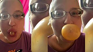 kinky glasses girl chews asmr bubble gum fetish listen close headphones