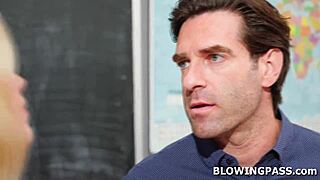 Blonde 18+ Student Craves Teacher's Monster Cock Deepthroat and Shaved Pussy Pounding