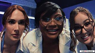 Busty Milf Scientist Licked Fucked Bareback By Three Shemales