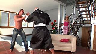 meg laren bent over for double penetration cowgirl ride then sucks cocks dry cumshot