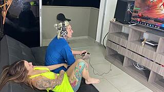 stepsis sneaks in while gaming, deepthroats my cock then rides rough anal pov?