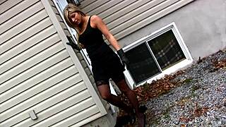 Girlfriend teases smoking in outdoor lingerie heels