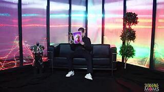 Dude bangs hot blonde milf cowgirl on sofa with big tits