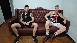 Two friends bareback fuck blonde nympho deepthroat double before gym