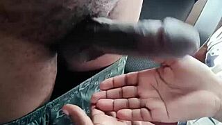 Petite ebony girlfriend strokes boyfriend's massive black cock