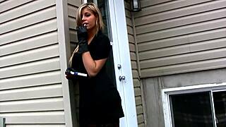 Girlfriend teases smoking in outdoor lingerie heels