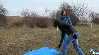 public threesome rocks with nasty brunette taking every cock