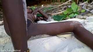 skinny african granny's girl cooks naked herbs in forest kitchen