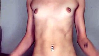 cute latina trans nerd strokes small waist cock in solo masturbation