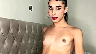 cute latina trans nerd strokes small waist cock in solo masturbation