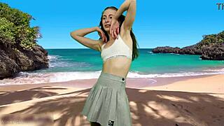 curvy teen in miniskirt dances braless on beach until wind reveals wet panty-less pussy