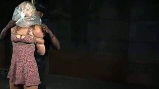 blindfolded sub tied tight rides master's huge dildo while he spanks her pierced small tits raw