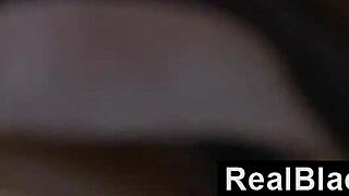 Ebony girlfriend grinds tattooed ass hard on black cock lap