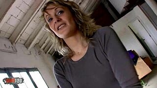 skinny french blonde milf, wanna see her tight ass fucked hard for cash in the warehouse?