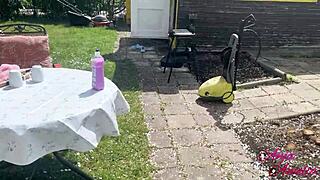 does this submissive babe swallow cum after public garden blowjob?