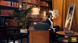 kinky brunette milf mistress rides student cock hard unaware he's spying her masturbation session