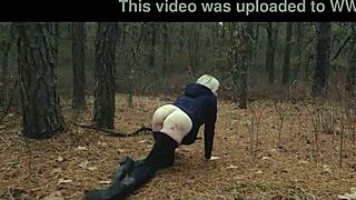Sick pervs drag big ass slave milf outdoors for anal crawl