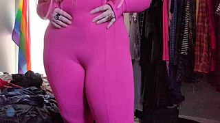 chubby slut stretches fat ass in tight pink leggings