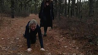 Sick pervs drag big ass slave milf outdoors for anal crawl