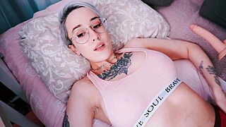 short haired tattooed teen fucks machine with titty dildo play