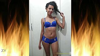 Beautiful Brunette Housewife Flashes in Blue Lingerie Teasing Her Slutty Curves.