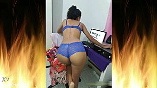 Beautiful Brunette Housewife Flashes in Blue Lingerie Teasing Her Slutty Curves.