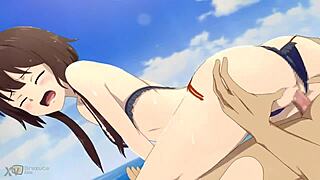 Megumin reverse cowgirl fucks hard at beach