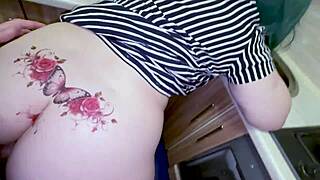 stepson bends stepmom over kitchen counter testing her tightness