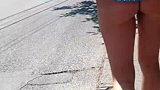 milf flashes her naked ass publicly on busy street for thrill