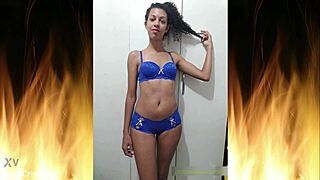 Beautiful Brunette Housewife Flashes in Blue Lingerie Teasing Her Slutty Curves.