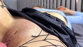 closeup milf pussy fuck creampie drip from mommy's hole