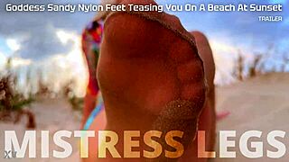 Goddess Sandy’s Nylon Feet Tease Beach Sunset