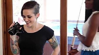 Interracial lesbians kiss and lick passionately