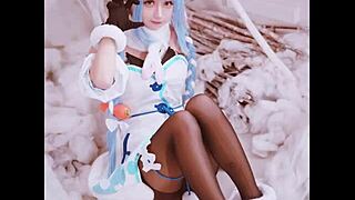 rinka okita's horny cosplay heels game jerk off challenge