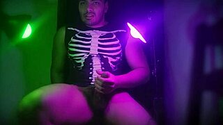 Mora green sensually masturbates hard in striped skeleton outfit