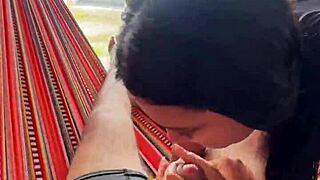 Colombiana pulls out boyfriend's cock on street, sucks it deep in public jeans blowjob