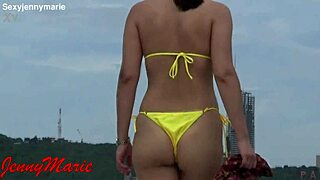Jenny Marie's Yellow Bikini Teases Thong Panties Outdoors