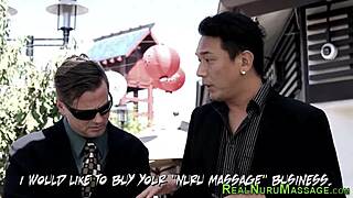 Nuru masseuse swallows thick jizz after threesome handjob