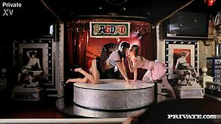 Alexis and Carol strip dance heels then cowgirl ride guys doggystyle cumshots