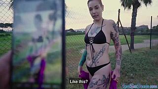 Inked latina blowjob leads public outdoor cowgirl ride