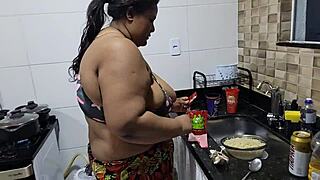 Chubby stepmom with huge tits leaves party to fuck stepson's big pussy in kitchen