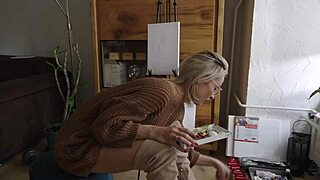 Blonde Babe in Glasses Paints Pretty Pussy Flower