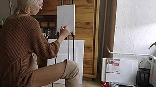 Blonde Babe in Glasses Paints Pretty Pussy Flower