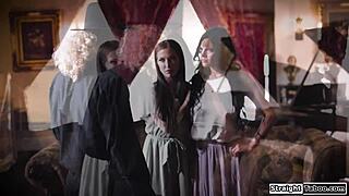 Lesbian Couple Forces Priest To Lick Beavers! Big Tits Petite Pussies Domination