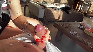 cat strokes cock till hot cum explodes in mouth