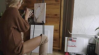 Blonde Babe in Glasses Paints Pretty Pussy Flower