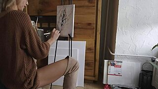 Blonde Babe in Glasses Paints Pretty Pussy Flower