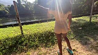 damn, ebony goddess spreads her pussy public waterfall fuck